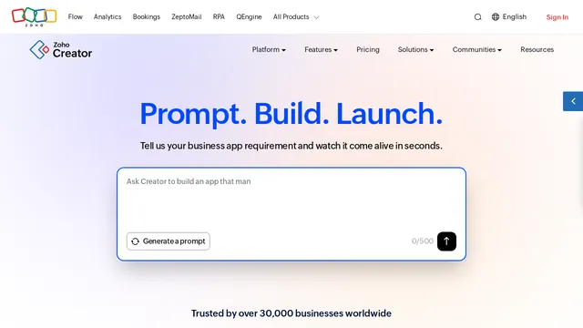 Screenshot of kbase.creator.zoho.com on port 443