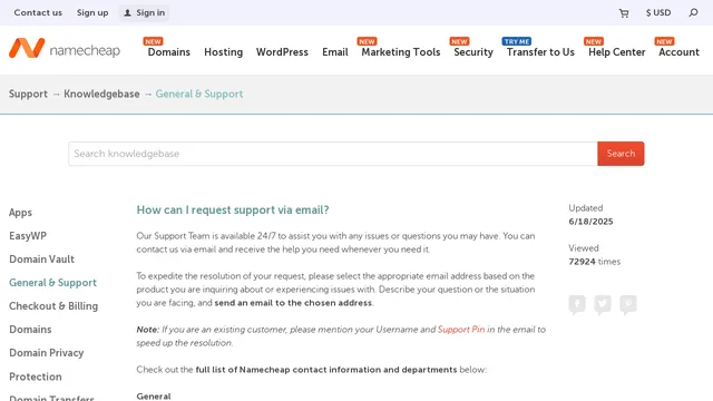 Screenshot of support.namecheap.com on port 443