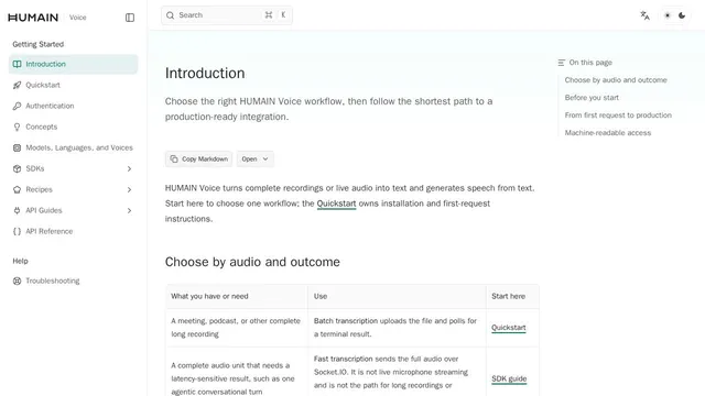 Screenshot of docs.voice.humain.com on port 443