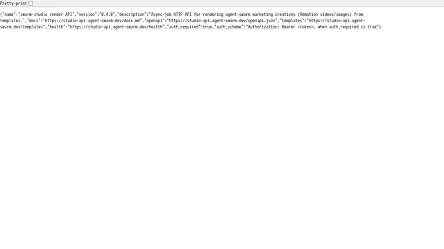Screenshot of studio-api.agent-swarm.dev on port 443