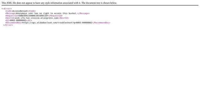 Screenshot of aidc-cfo-tax-invoice.aliexpress.com on port 443
