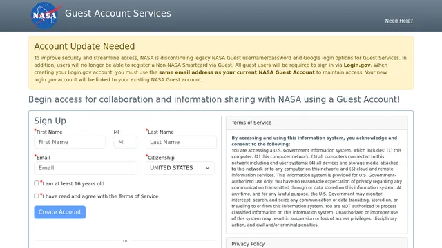 Screenshot of guest.support.nasa.gov on port 443